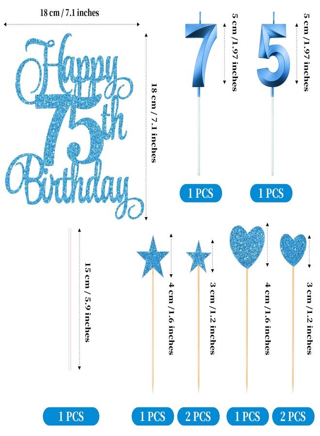 Lecferrarc 75th Birthday Cake Decorations, 75th Birthday Candles Cake Numeral Candles and Glitter Happy 75th Birthday Cake Toppers Set for Birthday Party Supplies (Blue) - Image 2